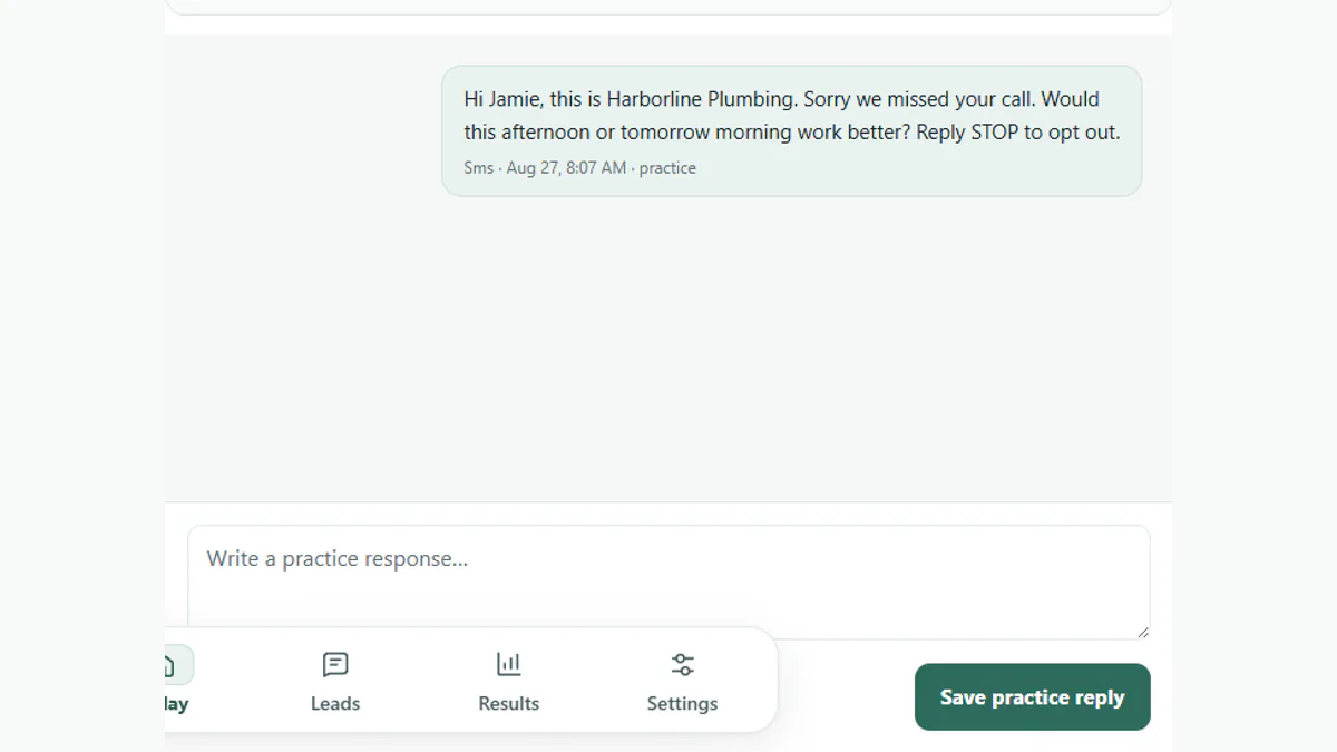 Fictional Harborline practice screen showing a message draft and no customer contacted